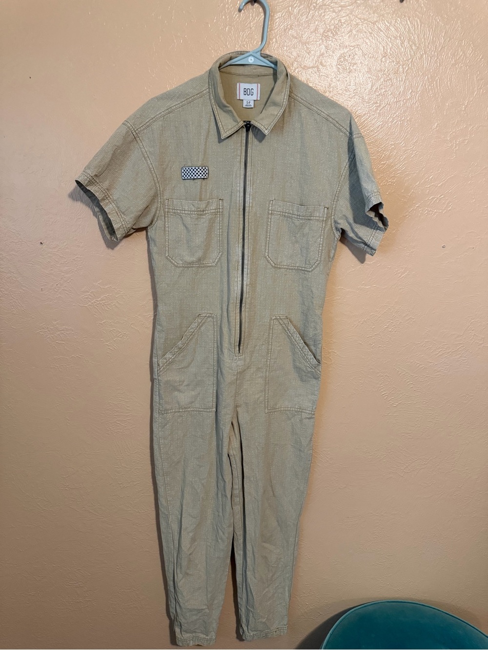 BDG Beige Short-Sleeve One-Piece Zip Jumpsuit